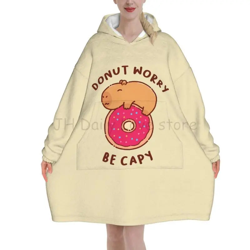 Wearable Blanket Hoodie Cute Capybara Oversized Blanket Warm Cozy Flannel Fleece Sherpa Blanket with Pockets