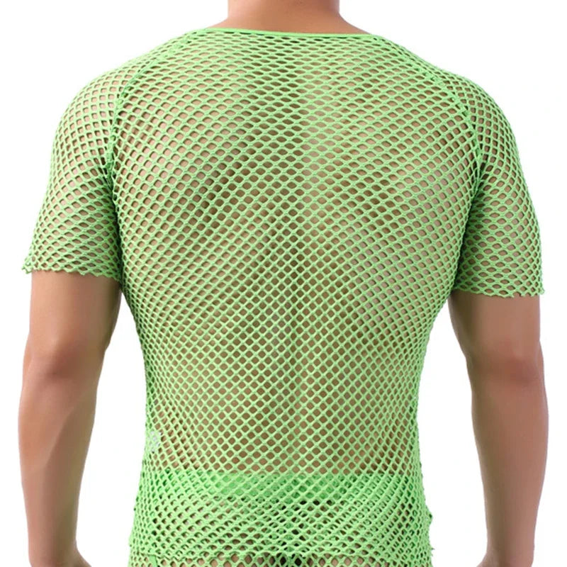 New Men Mesh Sheer T-shirt Training Fish Net Tops Short Sleeves See Through O-Neck Singlet Tees