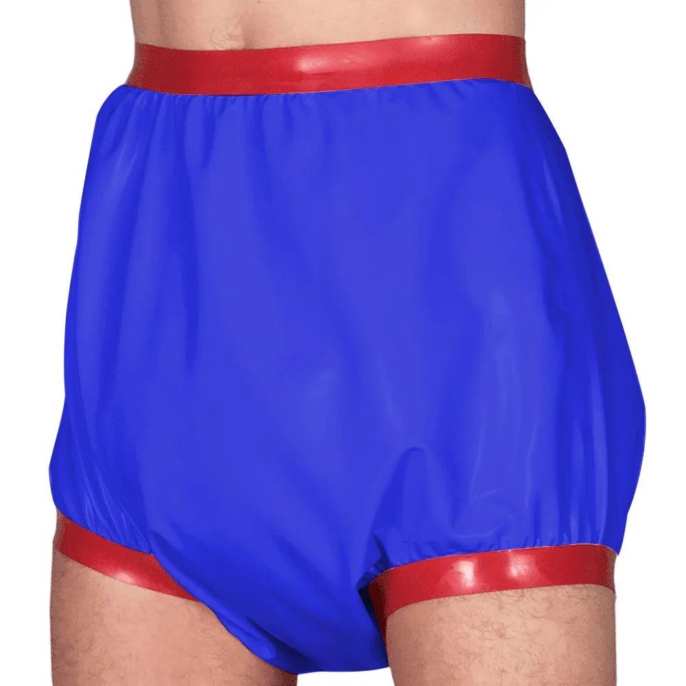 Adult Baby High Waisted Diaper Pants Wet look PVC Leather Patchwork Wide Thigh Shorts