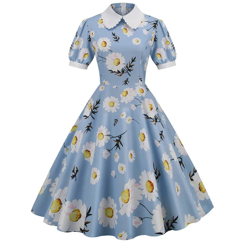 Summer Floral Printed Peter pan Collar 50s Mummy Dress