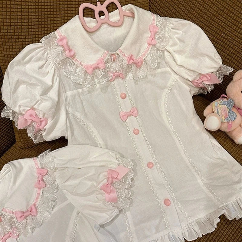 Japanese Cute  Blouses Unisex Kawaii All-match Peter Pan Collar Summer Shirt Tops Sweet Puff Sleeve Chic Blouse