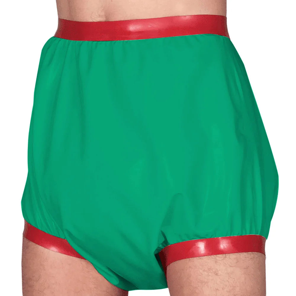 Adult Baby High Waisted Diaper Pants Wet look PVC Leather Patchwork Wide Thigh Shorts