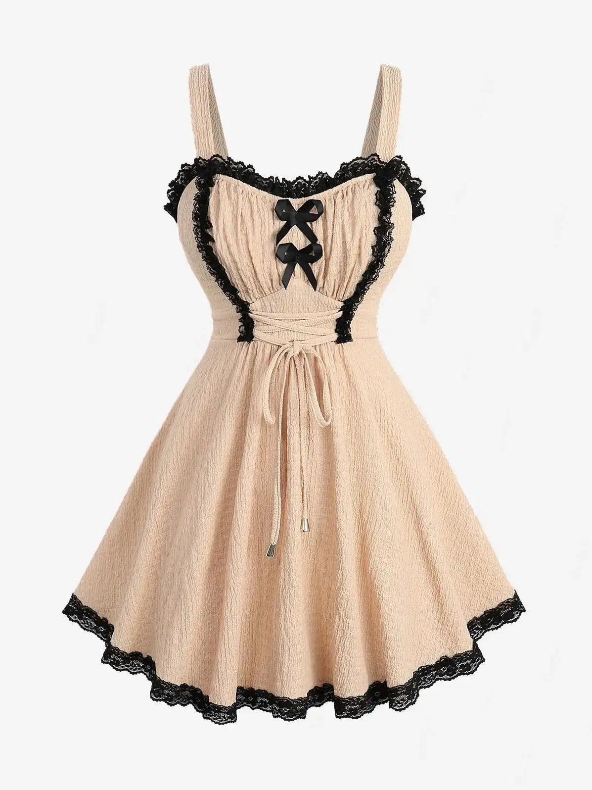 Plus Size Women Bowknot Lace Trim Lace-up Two Tone Textured Champagne Top