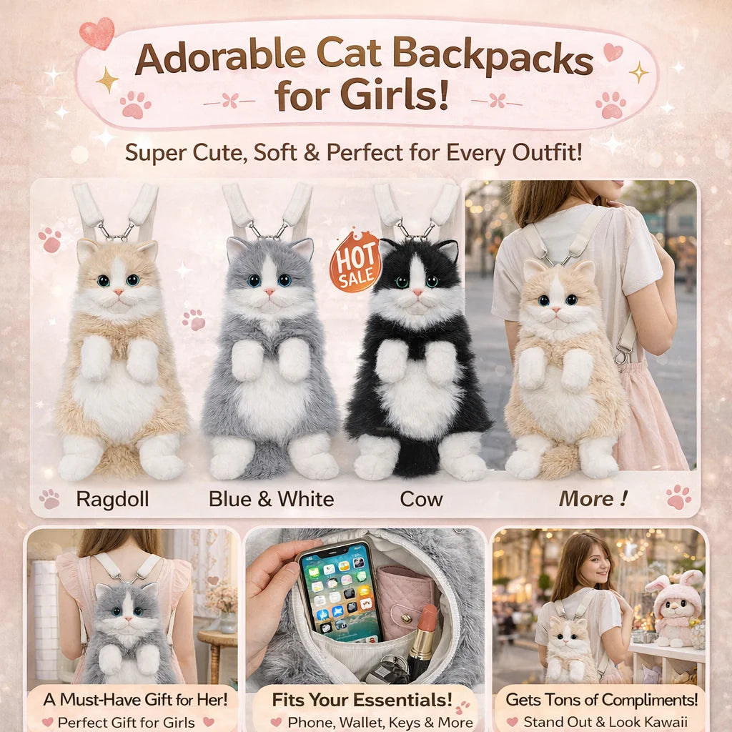Girls Cute Cat Backpack, Kawaii Plush Bag, Soft Animal Crossbody Bag