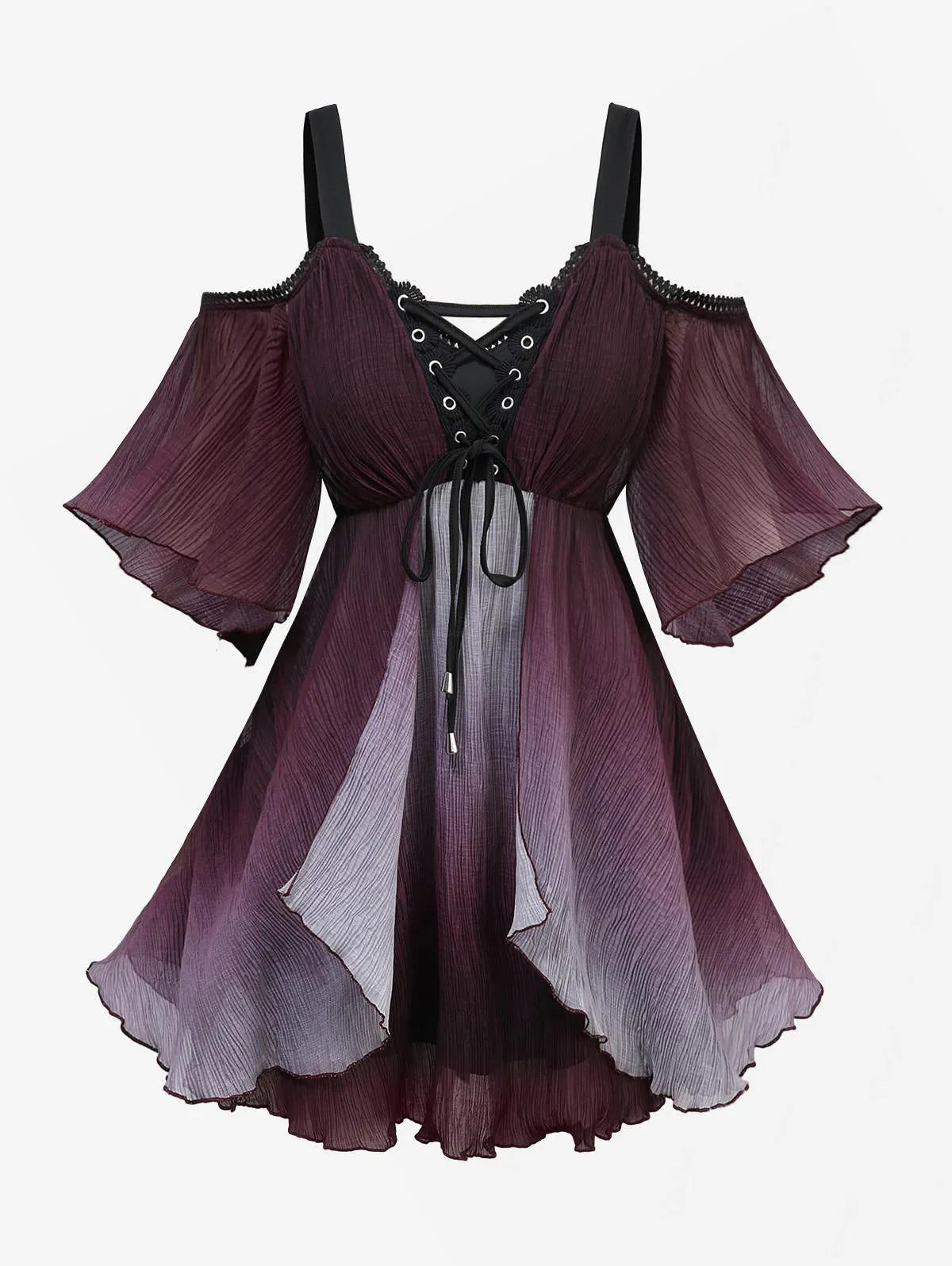 ROSEGAL Plus Size Ombre Lace-Up Grommets Ruffles Lace Trim Cold Shoulder Blouse