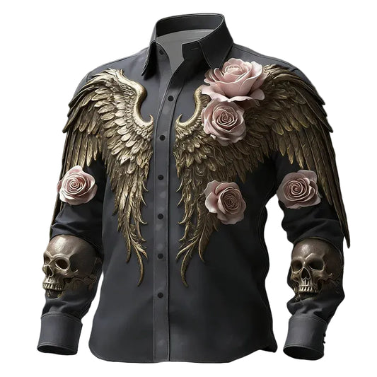 Black shirt with gold angel wings and skulls on a dark background
