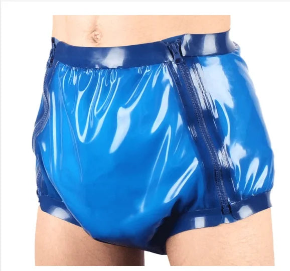 Sexy Double Side Zip Latex Shorts Rubber Briefs Panites Underwear Inside Space for Diaper