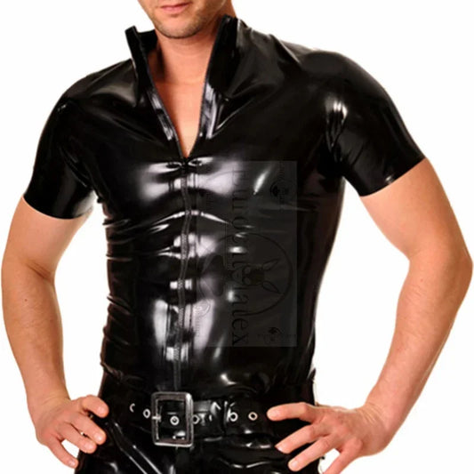 Black Mens Latex Shirt With Zipper At Front Short Sleeves Turn Down Collar