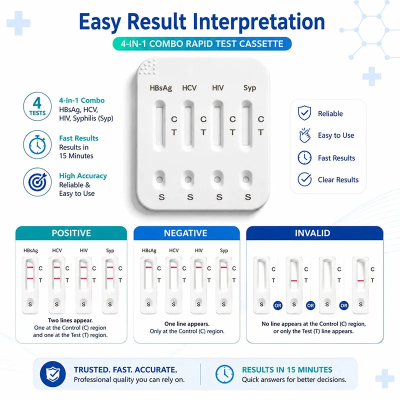 4-in-1 Infectious Disease Screening Test Kit, HBsAg HCV HIV 1/2 Syphilis Combo Rapid Test Cassette Antibody Diagnostic Reagent