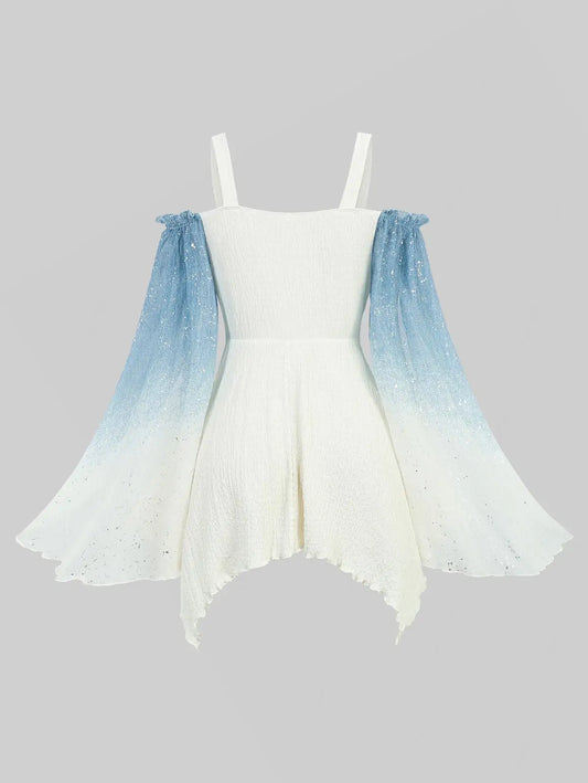 ROSEGAL Plus Size Ombre Print Cold Shoulder Blouse Flare Sleeves Asymmetrical Top