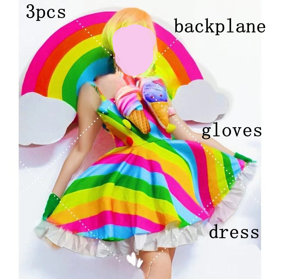 Cute Candy Rainbow Striped Puff Skirt+ Gloves Parade Costume