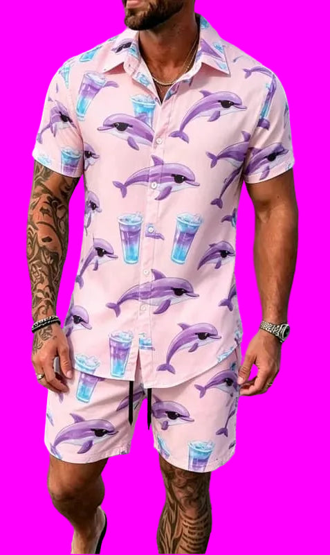 Cool animal print vacation set, short sleeved shirt and shorts, suitable for beach vacations and fun tropical outfits.