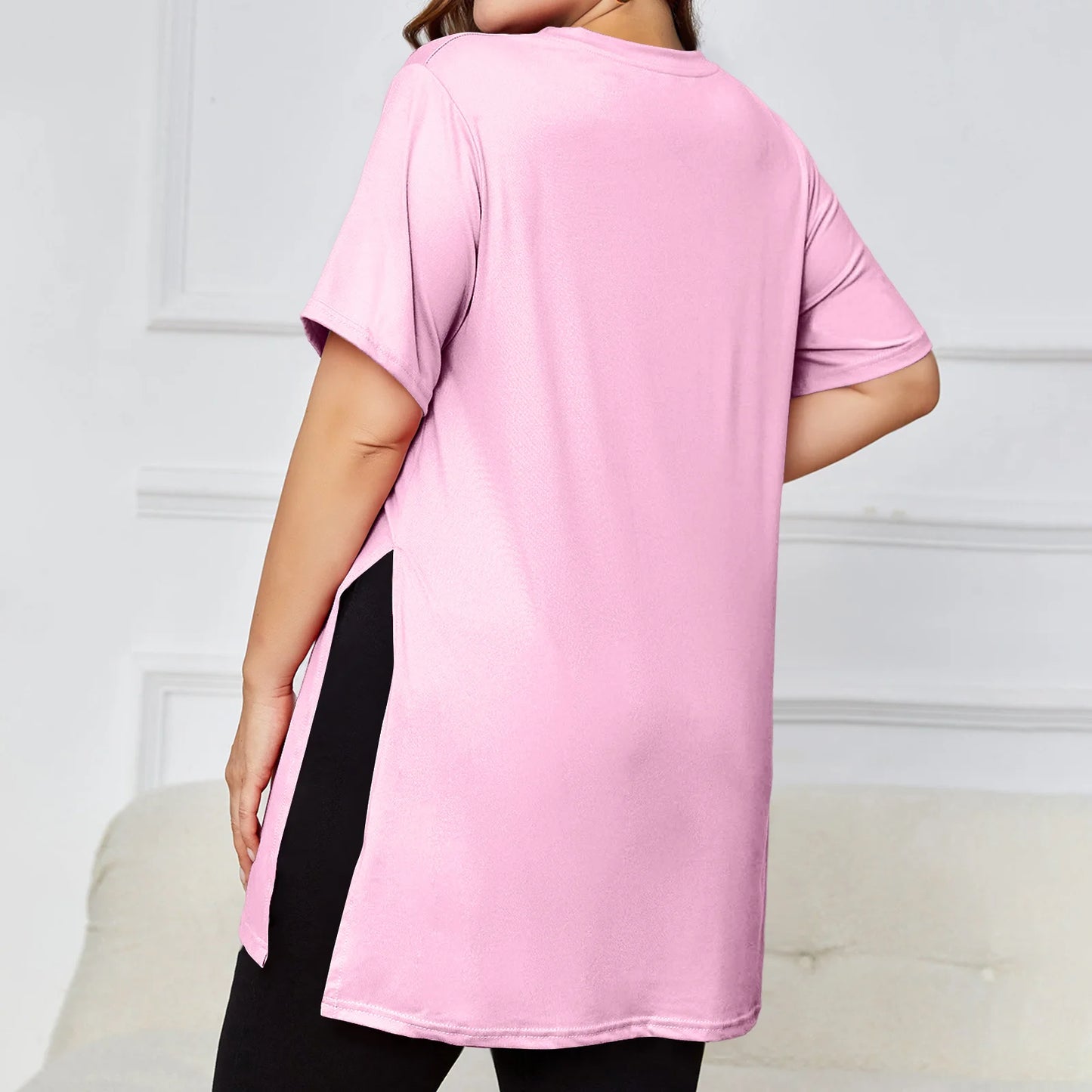 Plus Size Mid-length Slit T-shirt Solid Color Round Neck Short Sleeve