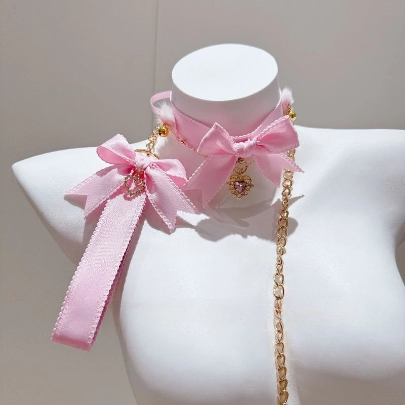 Pink Bow Nipple Clips Heart-Shaped Gemstone Collar Leash Set with Body Chain