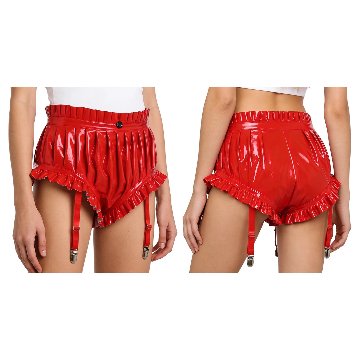 Unisex Wet Look PU Leather Boxer Shorts Hot Pants Ruffled Trim Shorts with Garter Clips