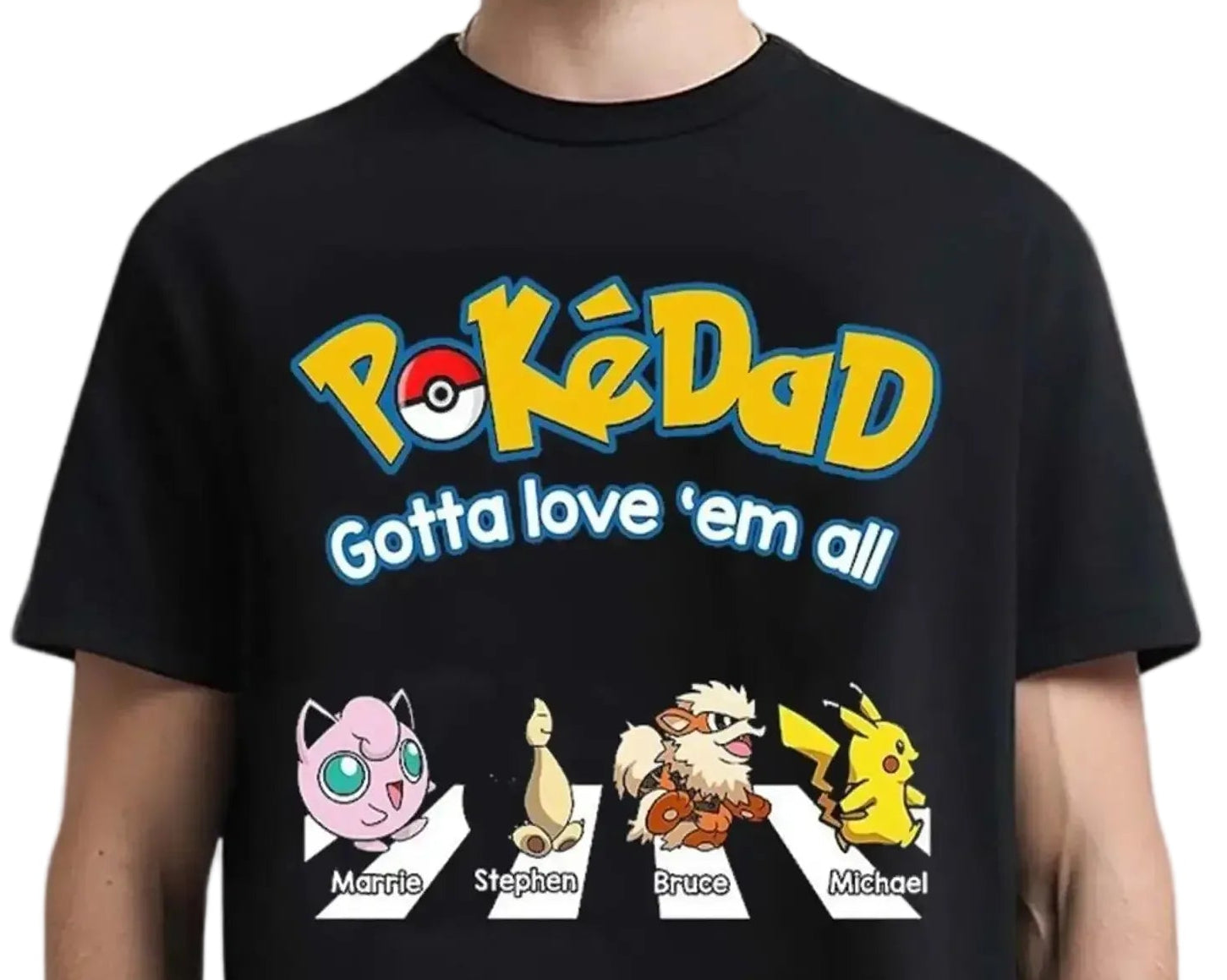 Black t-shirt with 'PokéDad' design featuring cartoon characters on a gray background.