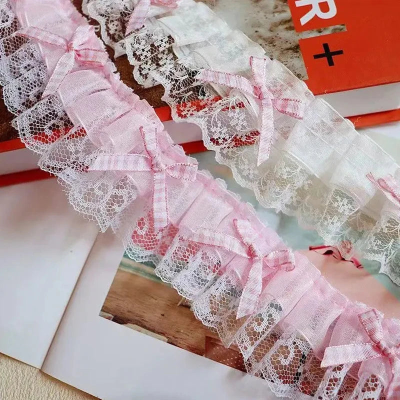 1 Yard Pink and White-Color Ruffle Wave Embroidery Lace Fabric Trim