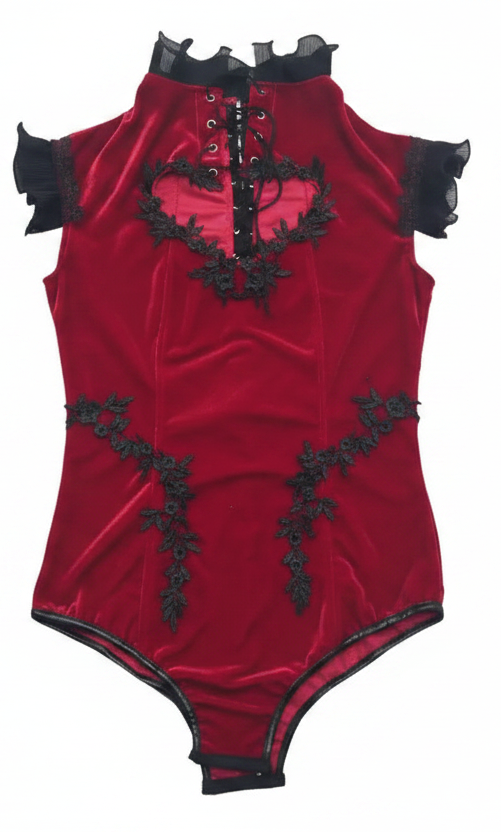 Wine Red Heart Cutout Bodysuit High Neck Outfit