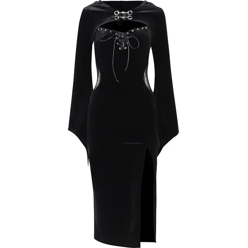 Gothic Long Dress With Hat and See Through Velvet Lace Cutout High Slit Long Sleeve