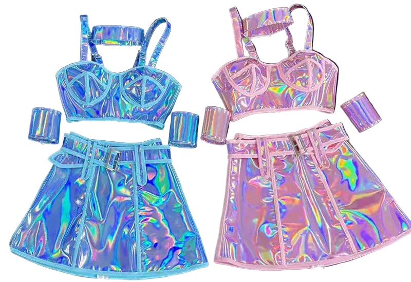 Holographic top and skirt set on a black background