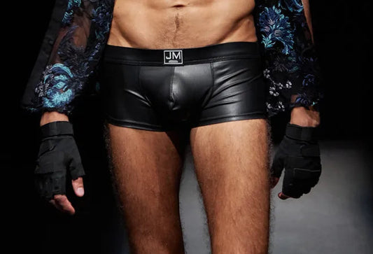 Man wearing a patterned shirt, black underwear, and gloves on a dark background