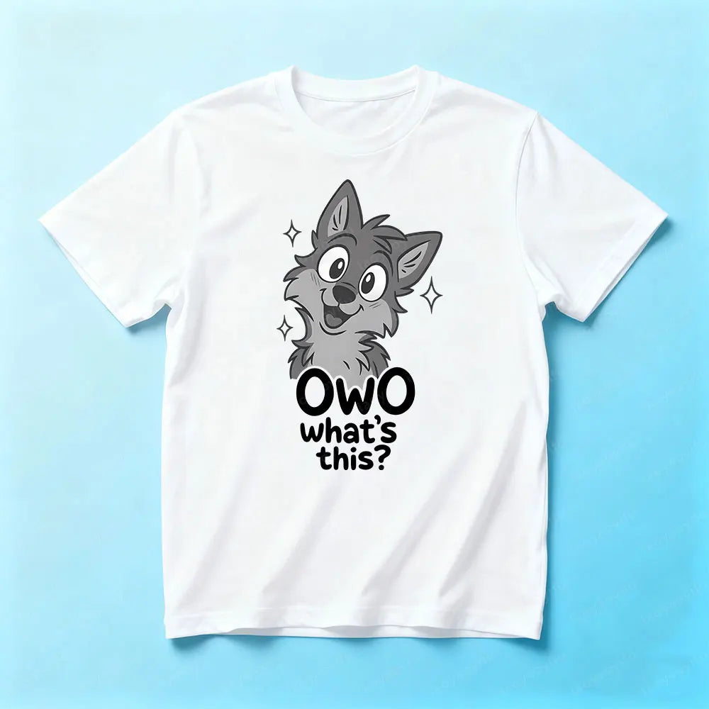 White t-shirt with a cartoon wolf graphic and text on a blue background