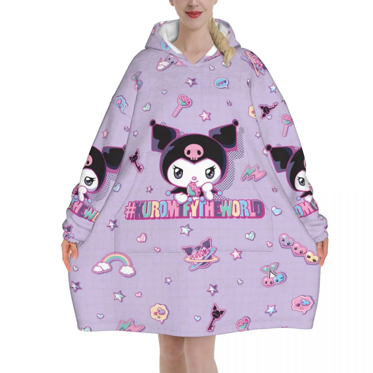 My Melody And Kuromi Blanket Hoodie Wearable Cute Cartoon Blanket Large with Pocket Warm Onesie