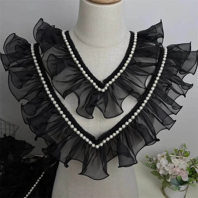 8cm wide black and white organza nail bead ruffle lace DIY banquet president's dress skirt collar edge sewing accessories supply