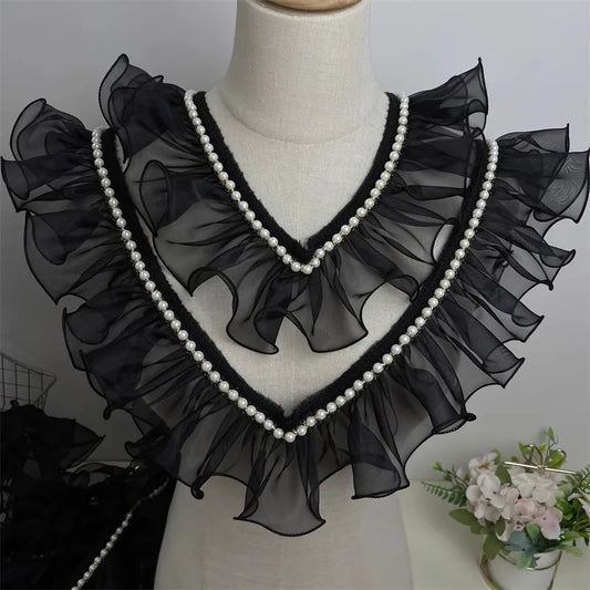 8cm wide black and white organza nail bead ruffle lace DIY banquet president's dress skirt collar edge sewing accessories supply