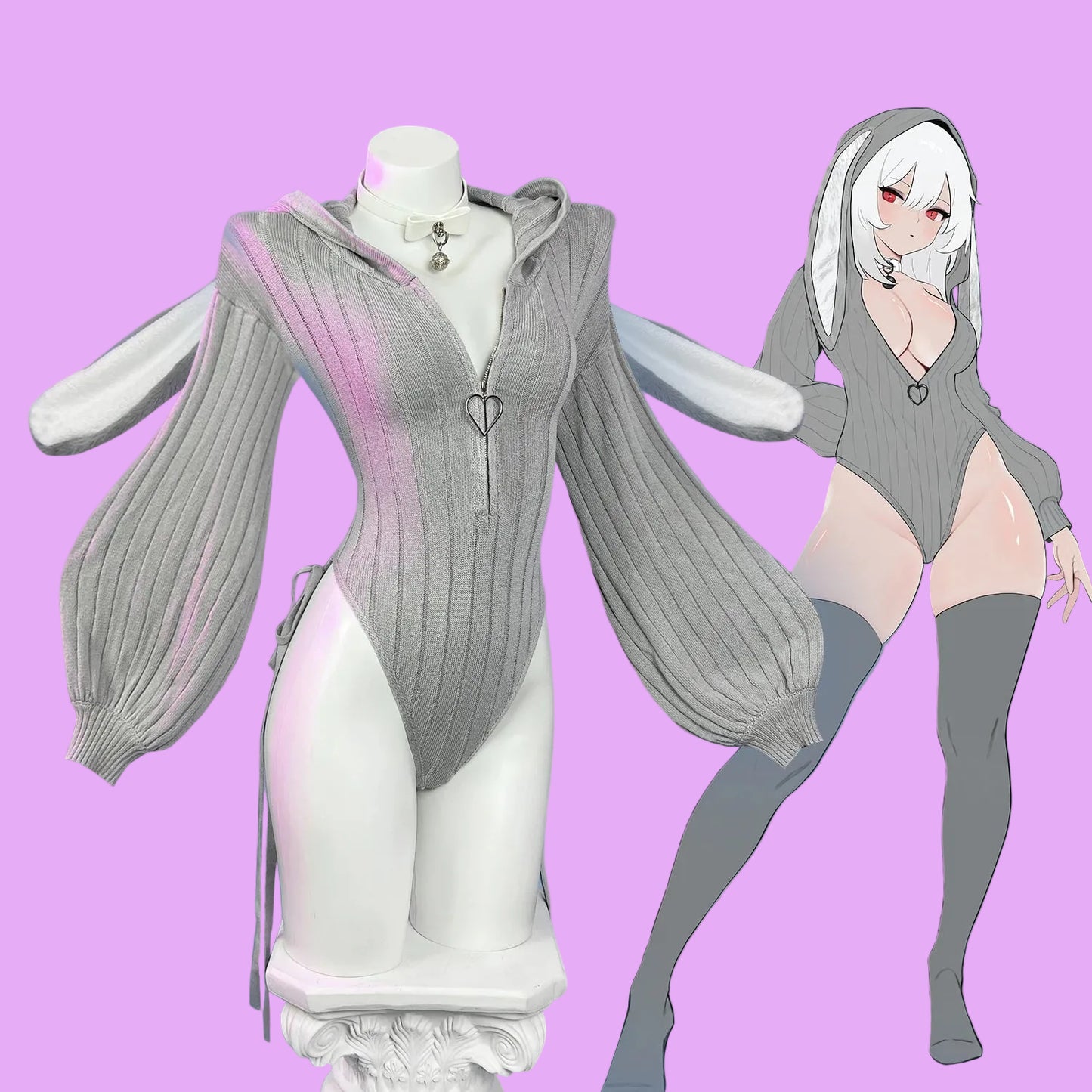 KORURACLUB Gray Knitted Or Pink Bunny Girl Long-sleeved Jumpsuit Sweater