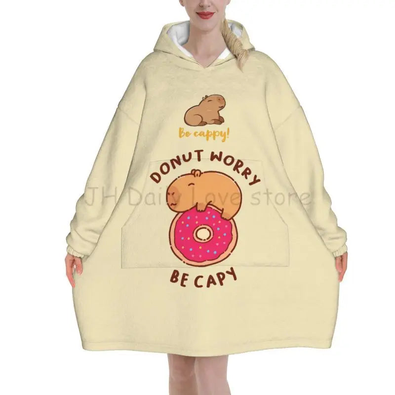 Wearable Blanket Hoodie Cute Capybara Oversized Blanket Warm Cozy Flannel Fleece Sherpa Blanket with Pockets