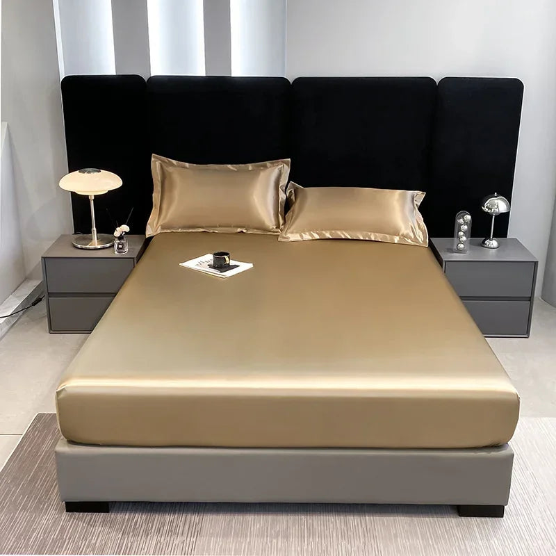 Satin Waterproof Fitted Sheet Silky Breathable Elastic Band Sheet