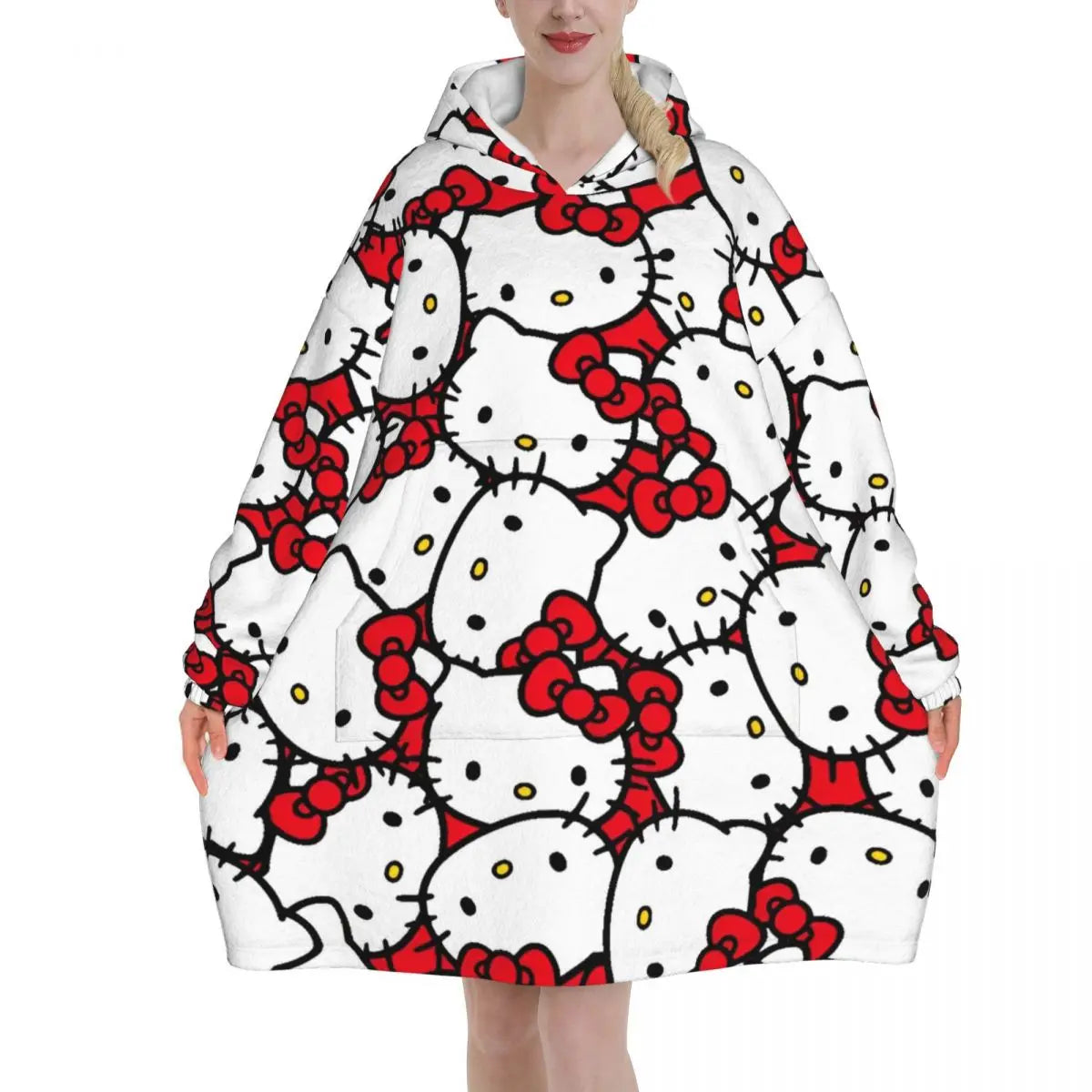 Hello Kitty Cartoon Blanket Hoodie Wearable Blanket Large with Pocket Warm Sleeping Bag Soft Cozy Onesie