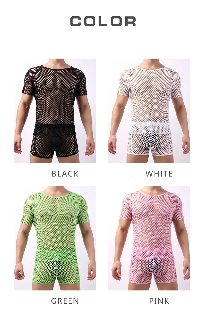 New Men Mesh Sheer T-shirt Training Fish Net Tops Short Sleeves See Through O-Neck Singlet Tees