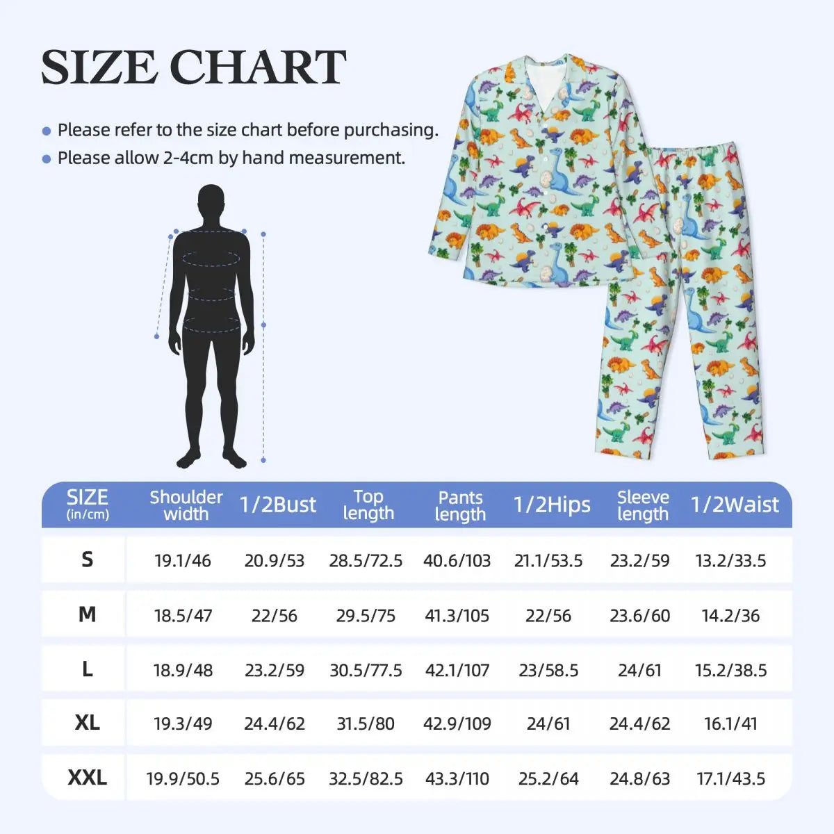 Size chart for children's pajama set with measurements and a silhouette of a child.