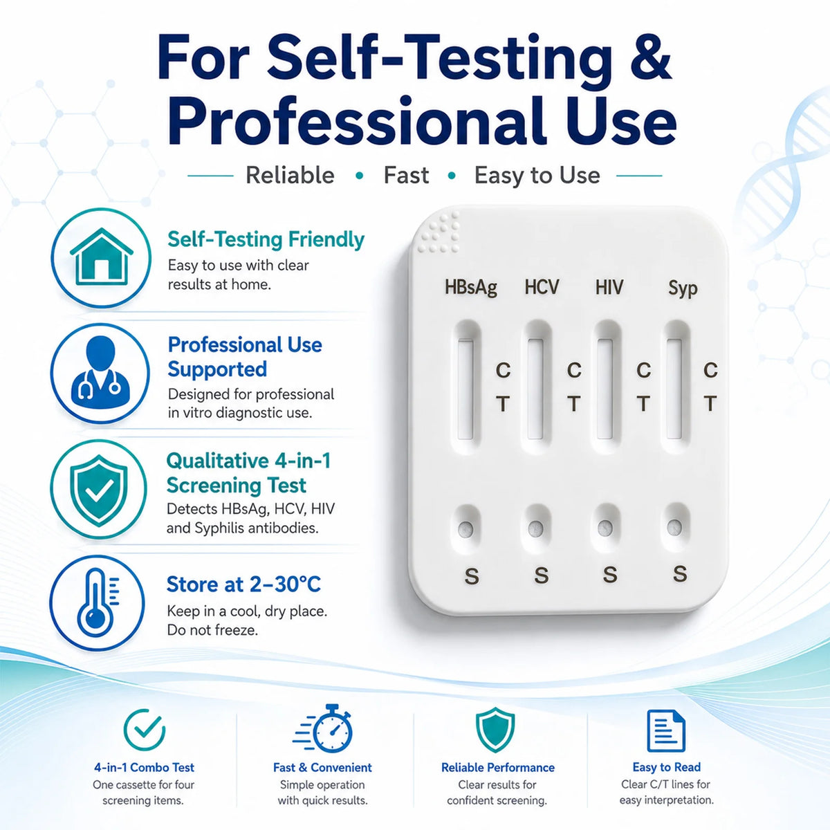 4-in-1 Infectious Disease Screening Test Kit, HBsAg HCV HIV 1/2 Syphilis Combo Rapid Test Cassette Antibody Diagnostic Reagent