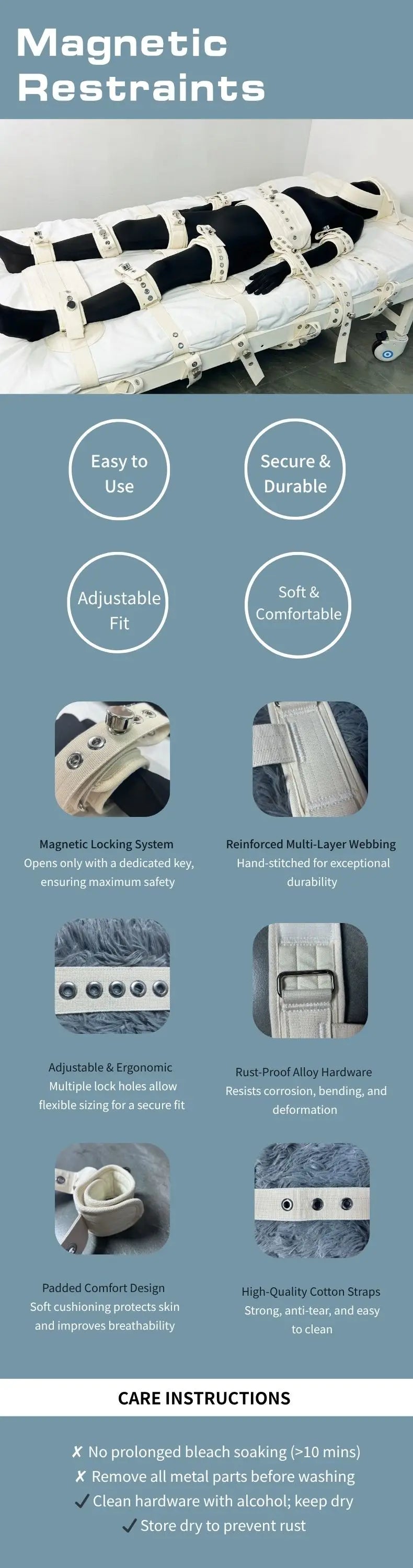 Patient Safety Restraints - Black Cotton Cuffs with Magnetic Lock Waist Hip Fixation Set Diaper Belt Patients Hospital Home Care