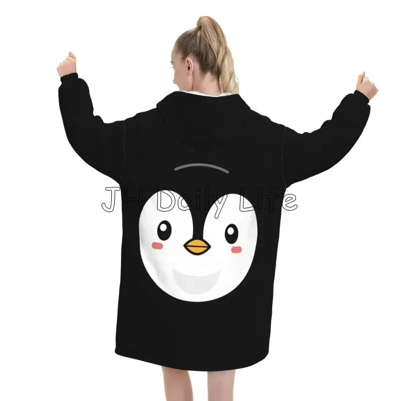 Penguin Wearable Flannel Blanket Hoodie Oversized Hooded Blanket Soft Pullover Sweatshirt Fleece Sherpa Blankets with Pockets
