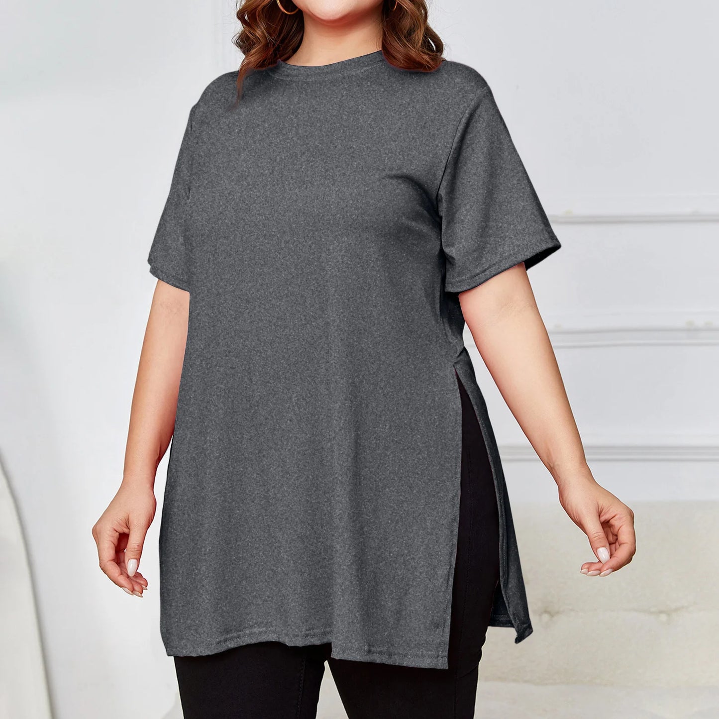 Plus Size Mid-length Slit T-shirt Solid Color Round Neck Short Sleeve