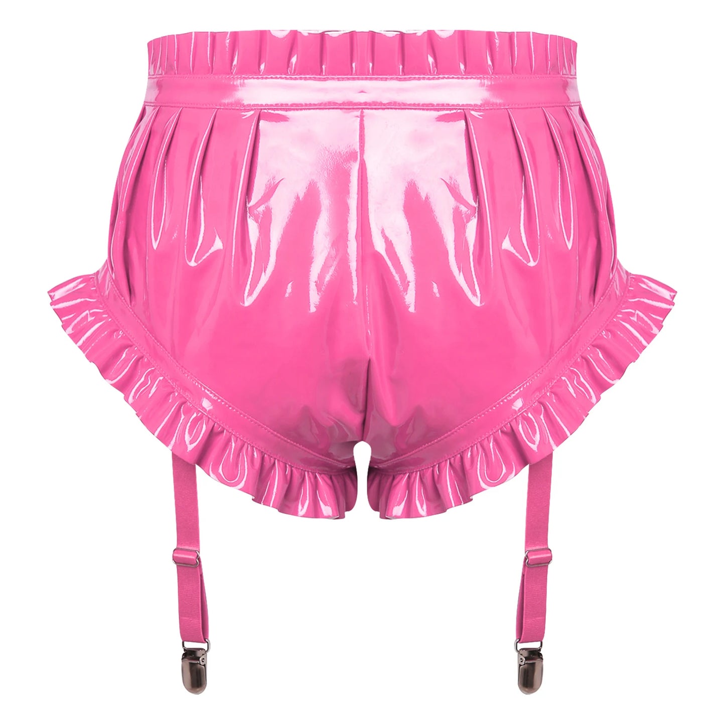 Unisex Wet Look Lingerie Latex Shorts Patent Leather Ruffle Trim with Garter Clips