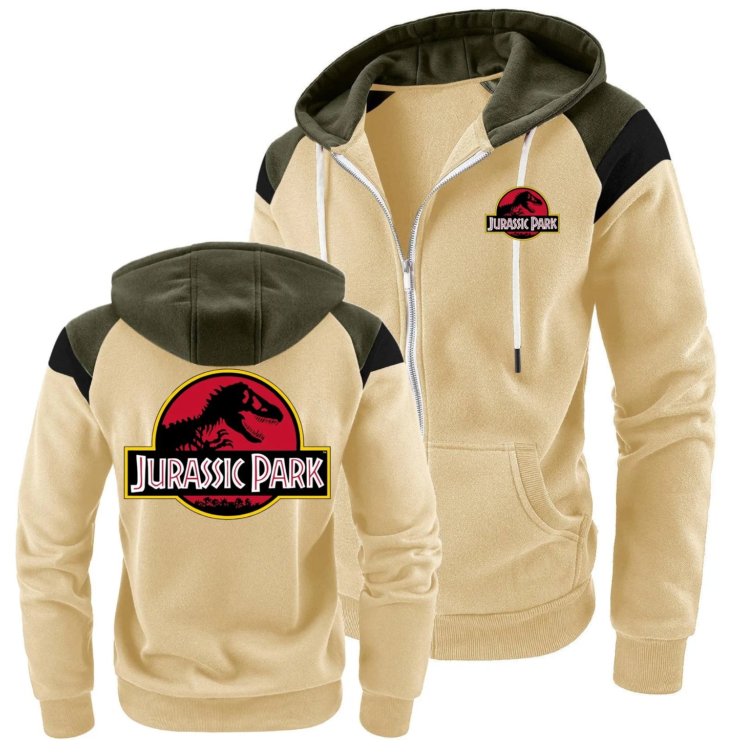 New Men Hoodies Jacket JURASSIC PARK Dinosaur World Graphic Men's Color blocking Contrasting Sweatshirt, Men Casual Sports Top