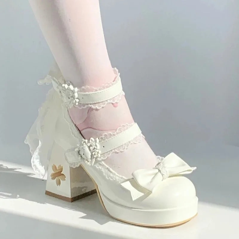 Womens Mary Janes Shoes Sweet Style High Heels Exquisite Bow
