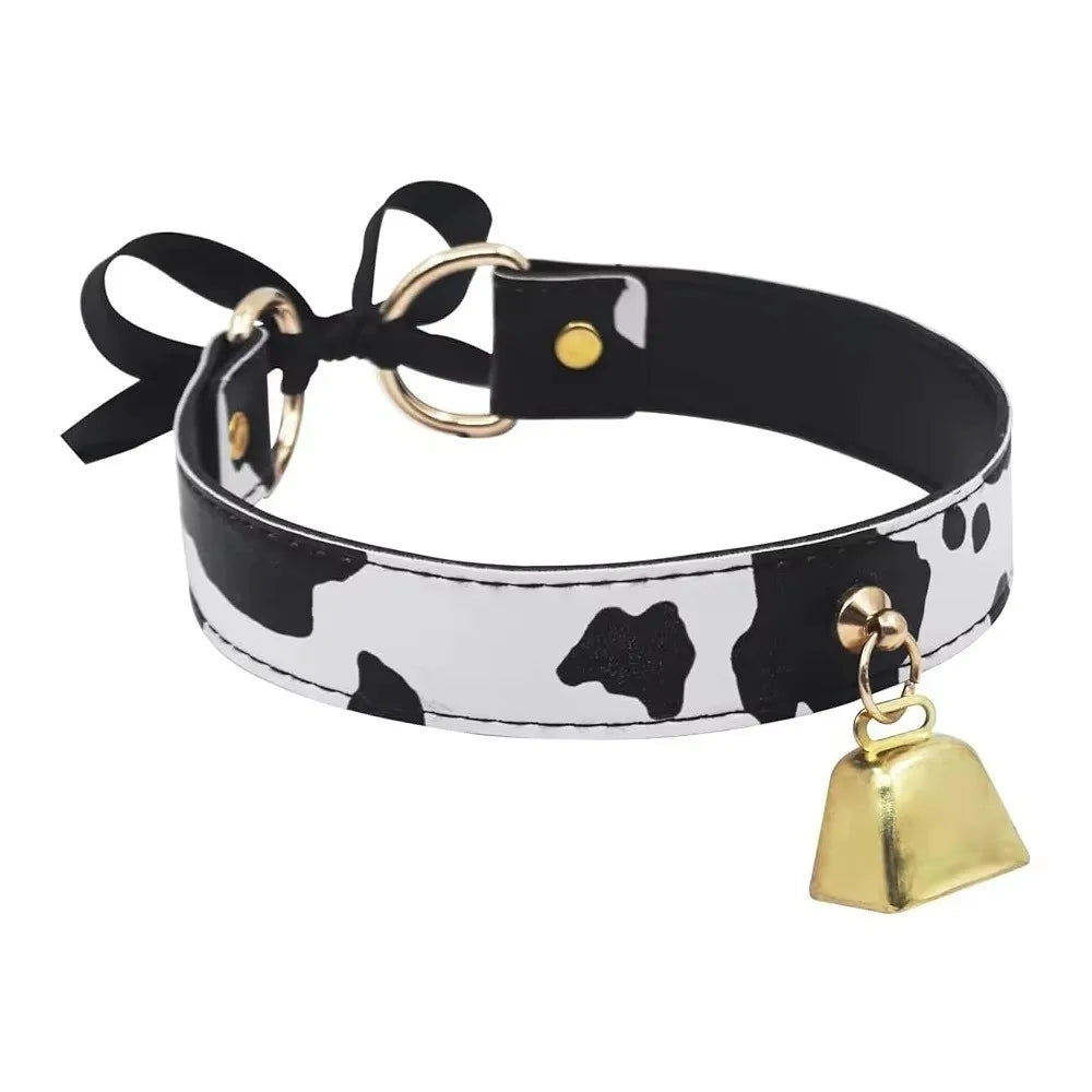Cow Print Leather Choker Adjustable Bell Collar