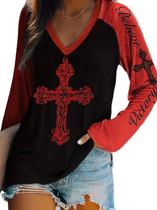 Plus Size Women's V-Neck Long Sleeve Cross Print T-Shirt Casual Loose Fit