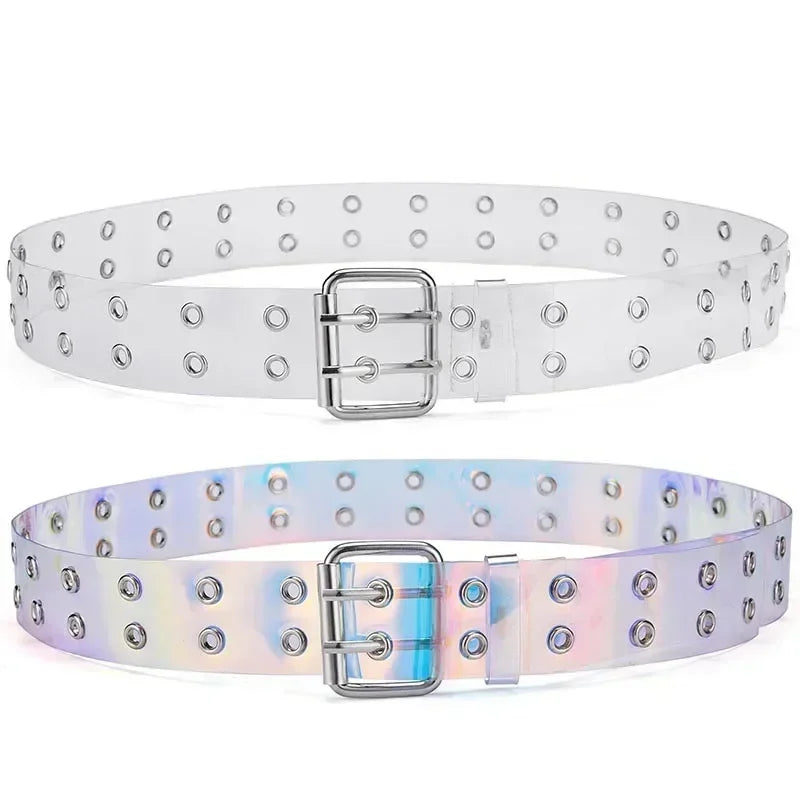 Two belts with silver studs and a metal buckle on a white background.