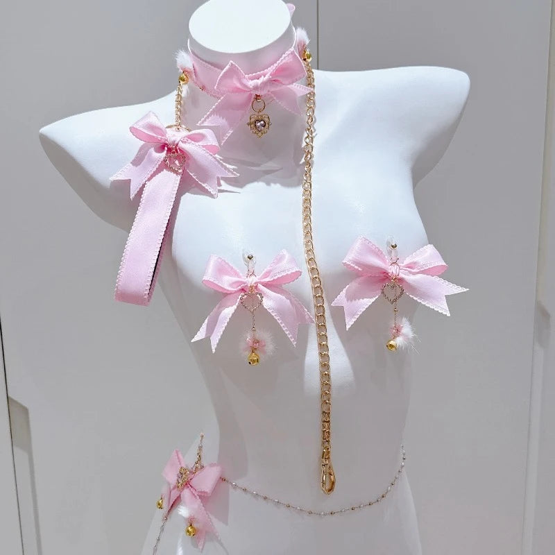 Pink Bow Nipple Clips Heart-Shaped Gemstone Collar Leash Set with Body Chain