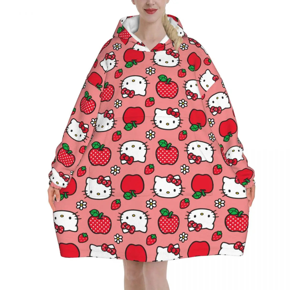 Hello Kitty Cartoon Blanket Hoodie Wearable Blanket Large with Pocket Warm Sleeping Bag Soft Cozy Onesie