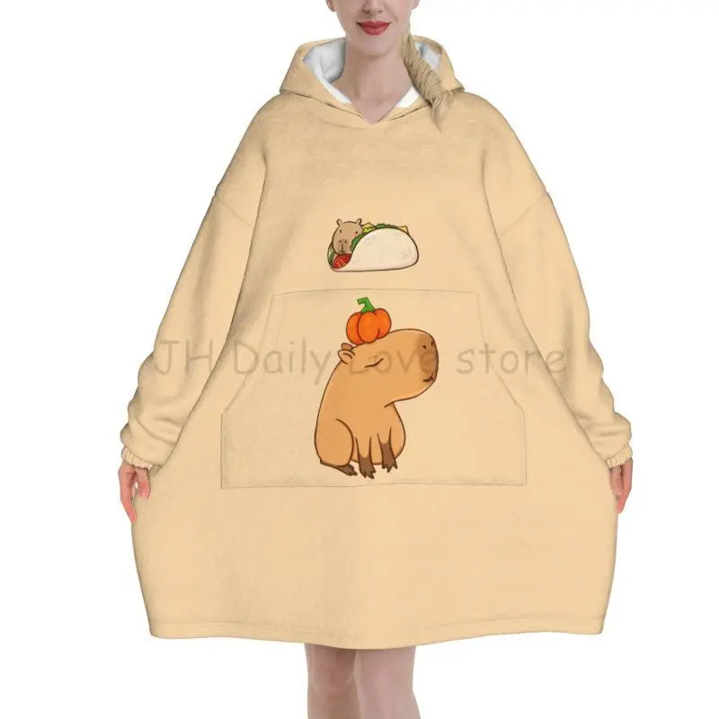 Wearable Blanket Hoodie Cute Capybara Oversized Blanket Warm Cozy Flannel Fleece Sherpa Blanket with Pockets