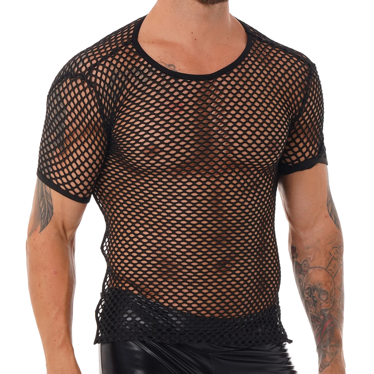 Mens T-shirt Tops Hollow Out Short Sleeve See Through Fishnet Mesh T-shirts Round Neck Crisscross Back Performance Club Wear