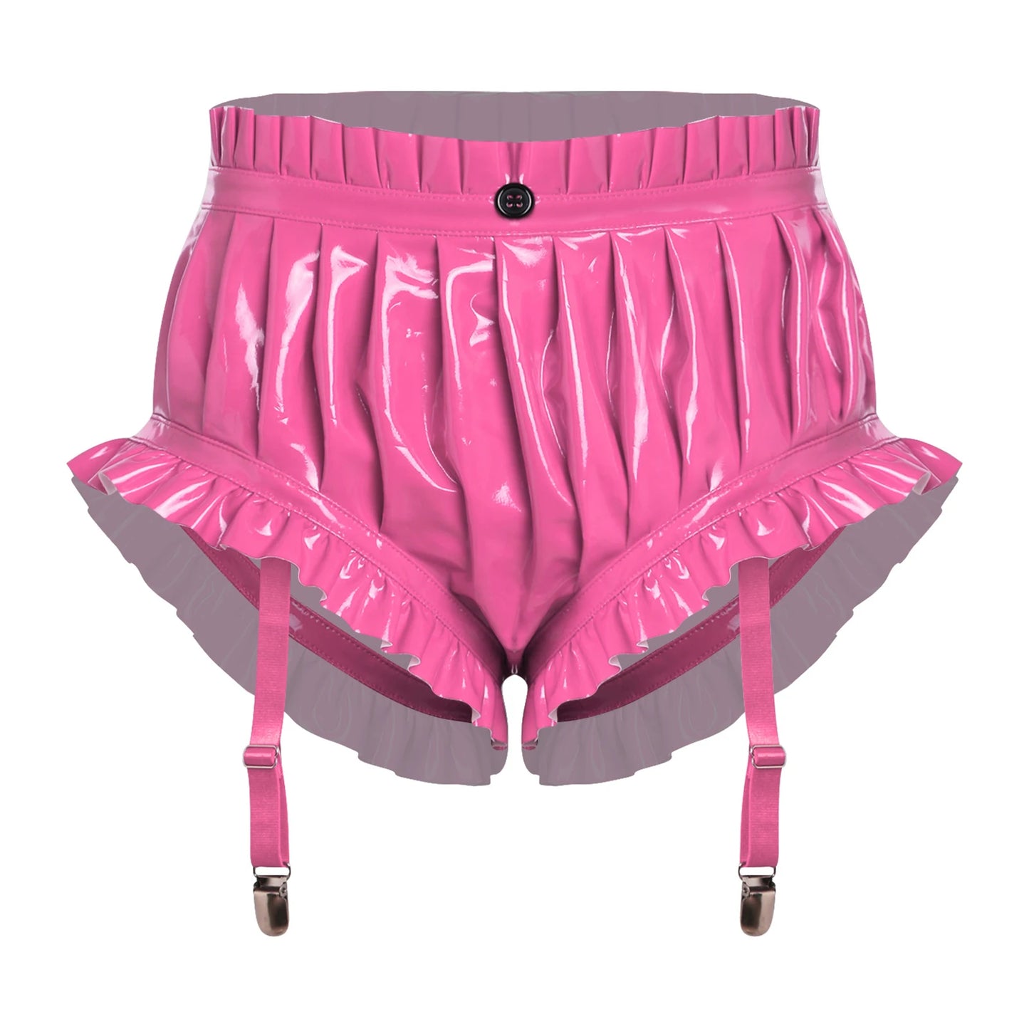 Unisex Wet Look Lingerie Latex Shorts Patent Leather Ruffle Trim with Garter Clips
